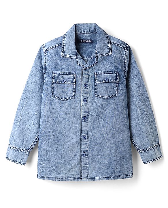 Pine Kids Cotton Woven Denim Shirt with Full Sleeves & Washed Finish in Light Blue