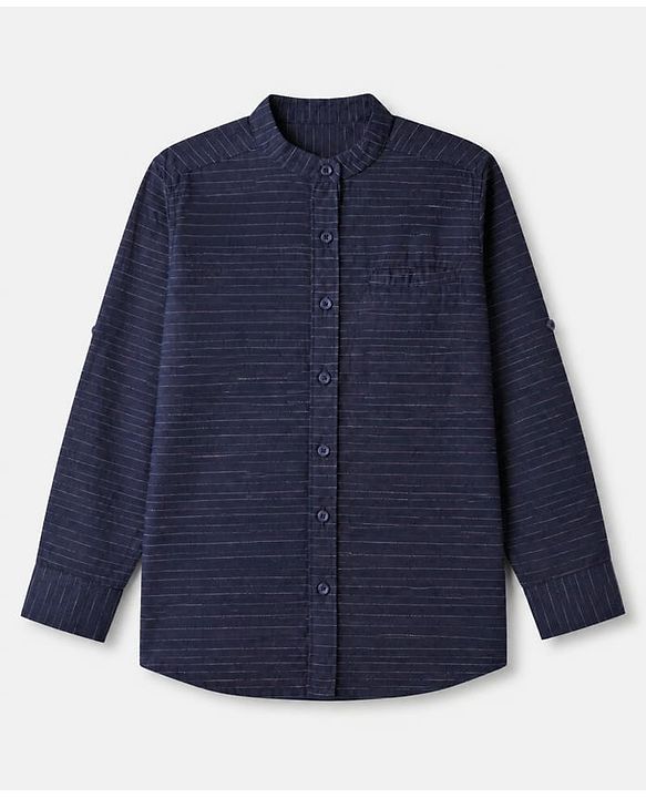 Pine Kids 100% Cotton Woven Striped Shirt with Half Sleeves - Navy Blue