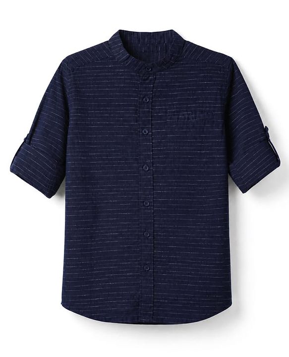 Pine Kids 100% Cotton Woven Striped Shirt with Half Sleeves - Navy Blue