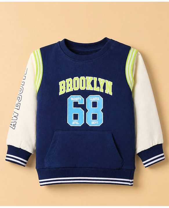 Babyhug 100% Cotton Knit Heavy Gauge Sweatshirt with Full Sleeves and Brooklyn 68 Print with Kangaroo Pockets - Navy Blue