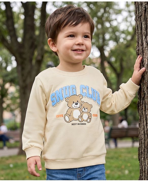 Babyhug 100% Cotton Knit Sweatshirt with Full Sleeves and Bear Print - Peach