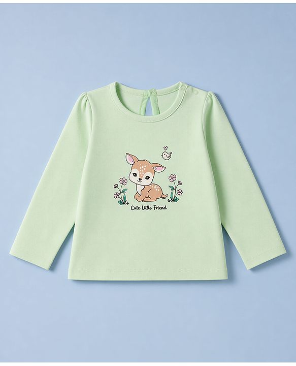 Babyhug 100% Cotton Knit Full Sleeves T-Shirt & Pyjama Night Suit with Deer & Floral Print - Green