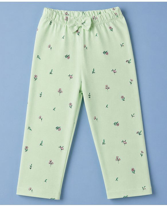 Babyhug 100% Cotton Knit Full Sleeves T-Shirt & Pyjama Night Suit with Deer & Floral Print - Green
