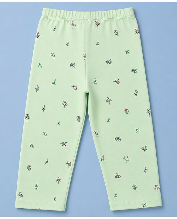 Babyhug 100% Cotton Knit Full Sleeves T-Shirt & Pyjama Night Suit with Deer & Floral Print - Green