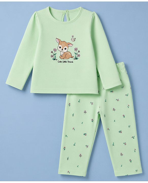 Babyhug 100% Cotton Knit Full Sleeves T-Shirt & Pyjama Night Suit with Deer & Floral Print - Green