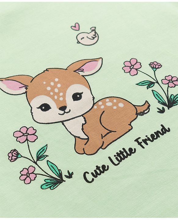 Babyhug 100% Cotton Knit Full Sleeves T-Shirt & Pyjama Night Suit with Deer & Floral Print - Green