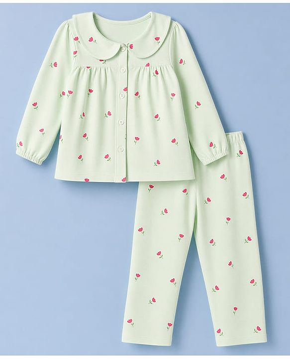 Babyhug 100% Cotton Knit Full Sleeves Co-Ords Shirt & Pyjama Night Suit with Floral Print - Light Green