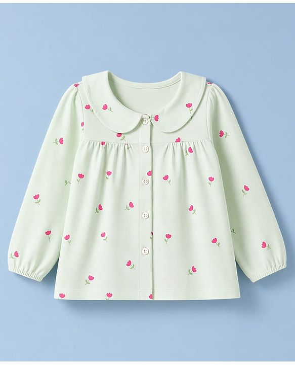 Babyhug 100% Cotton Knit Full Sleeves Co-Ords Shirt & Pyjama Night Suit with Floral Print - Light Green