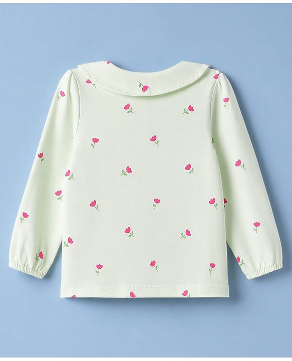Babyhug 100% Cotton Knit Full Sleeves Co-Ords Shirt & Pyjama Night Suit with Floral Print - Light Green