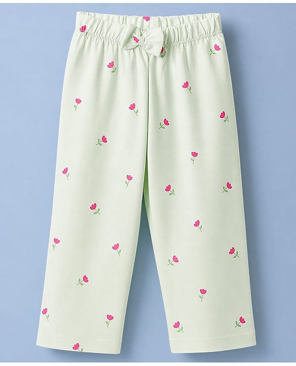 Babyhug 100% Cotton Knit Full Sleeves Co-Ords Shirt & Pyjama Night Suit with Floral Print - Light Green