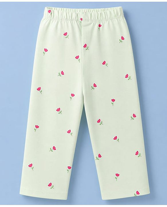 Babyhug 100% Cotton Knit Full Sleeves Co-Ords Shirt & Pyjama Night Suit with Floral Print - Light Green