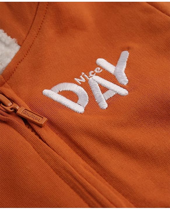 Babyhug 100% Cotton Knit Full Sleeves Front Open Hooded Sweatshirt with Nice Day Embroidery & Ear Applique - Rust Orange