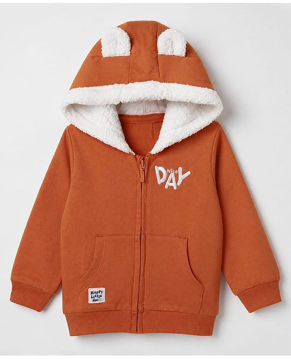 Babyhug 100% Cotton Knit Full Sleeves Front Open Hooded Sweatshirt with Nice Day Embroidery & Ear Applique - Rust Orange