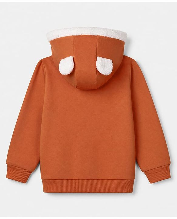 Babyhug 100% Cotton Knit Full Sleeves Front Open Hooded Sweatshirt with Nice Day Embroidery & Ear Applique - Rust Orange