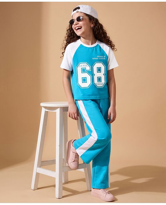 Pine Kids Cotton Mixes Looper Knit Full Trousers and Top with Raglan Half Sleeves and 68 Print - Light/Sky Blue