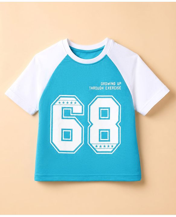 Pine Kids Cotton Mixes Looper Knit Full Trousers and Top with Raglan Half Sleeves and 68 Print - Light/Sky Blue