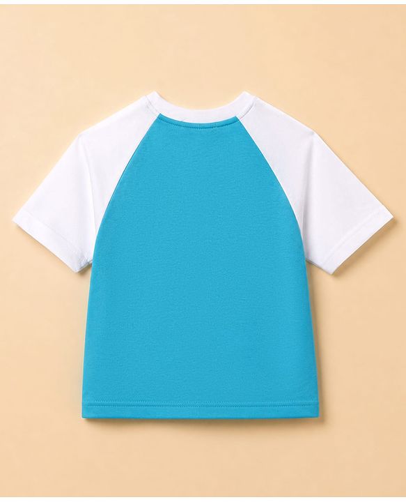 Pine Kids Cotton Mixes Looper Knit Full Trousers and Top with Raglan Half Sleeves and 68 Print - Light/Sky Blue