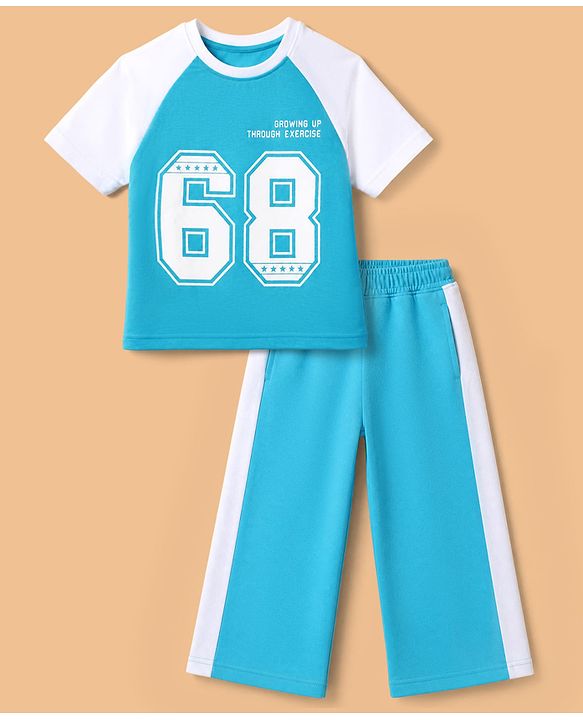 Pine Kids Cotton Mixes Looper Knit Full Trousers and Top with Raglan Half Sleeves and 68 Print - Light/Sky Blue