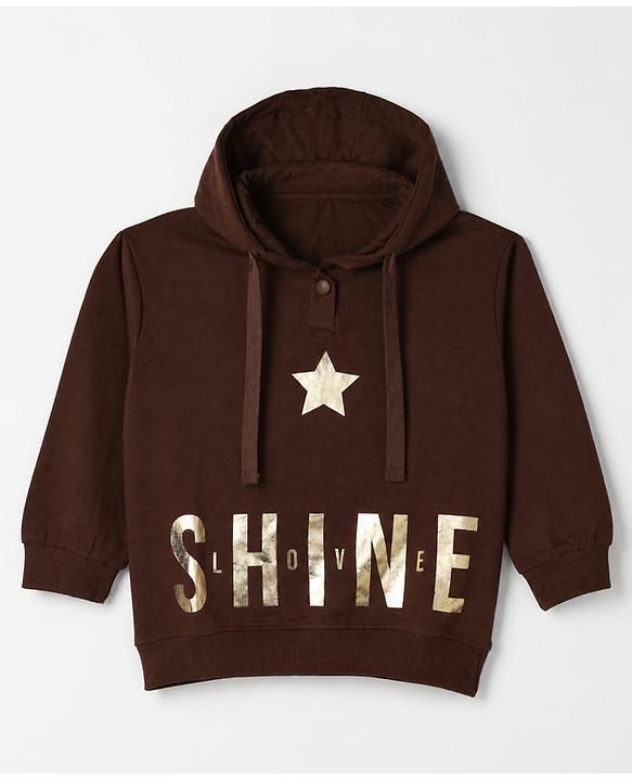 Pine Kids Cotton Looper Knit Full Sleeves Co-ord Hooded T-Shirt and Pant with Star & Shine Love Text Foil Print - Brown