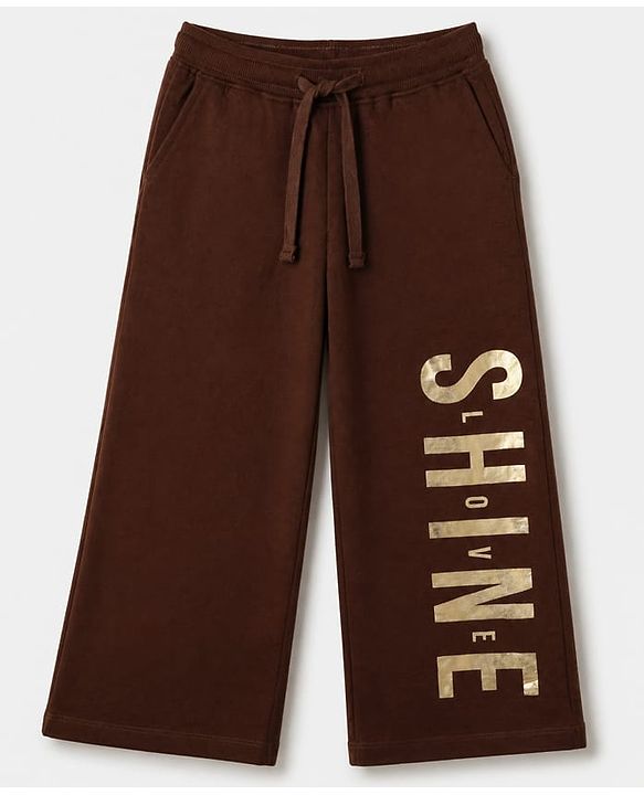 Pine Kids Cotton Looper Knit Full Sleeves Co-ord Hooded T-Shirt and Pant with Star & Shine Love Text Foil Print - Brown