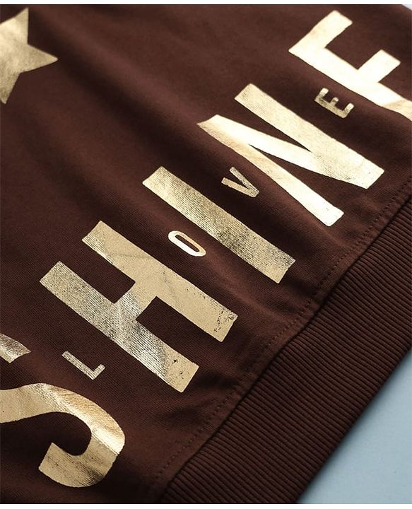 Pine Kids Cotton Looper Knit Full Sleeves Co-ord Hooded T-Shirt and Pant with Star & Shine Love Text Foil Print - Brown