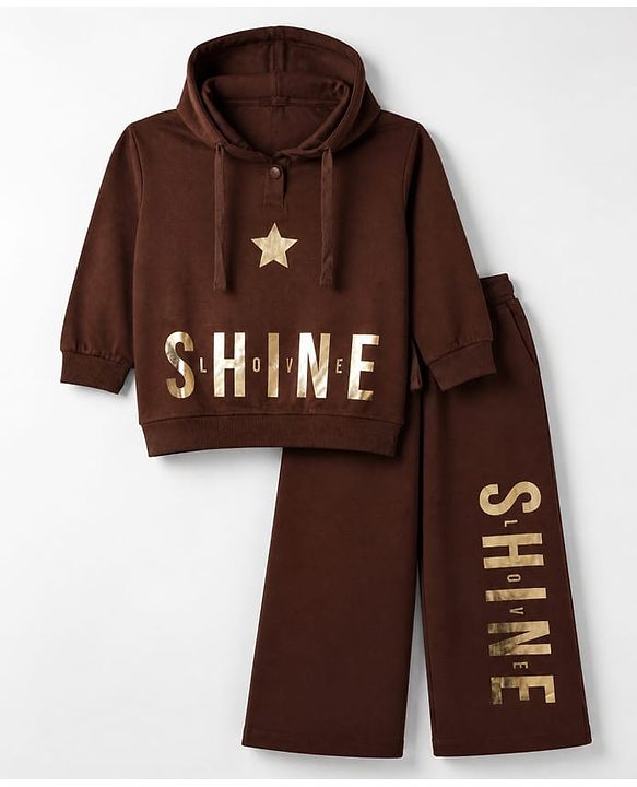 Pine Kids Cotton Looper Knit Full Sleeves Co-ord Hooded T-Shirt and Pant with Star & Shine Love Text Foil Print - Brown