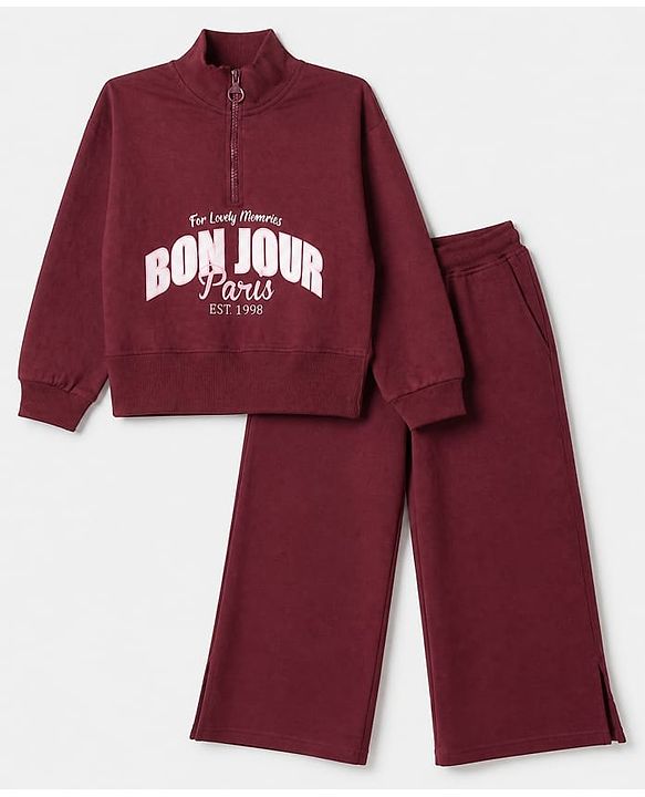 Pine Kids Looper Knit Full Sleeves Winter Wear Suit With Text Print - Wine