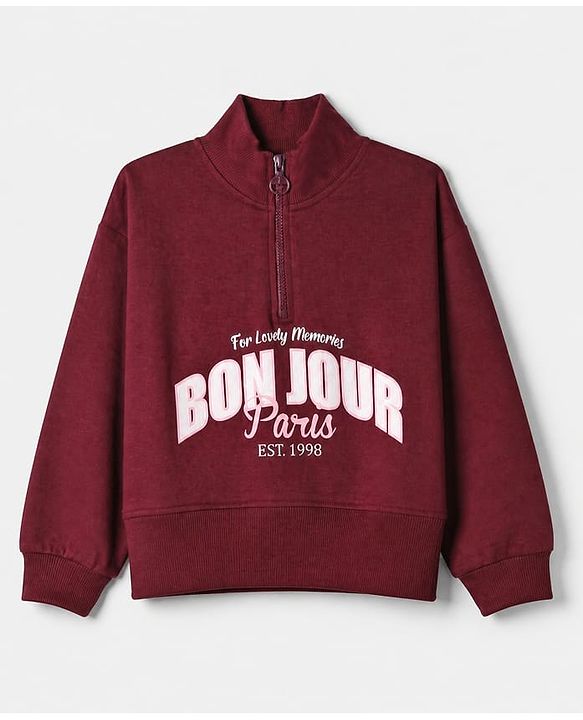 Pine Kids Looper Knit Full Sleeves Winter Wear Suit With Text Print - Wine