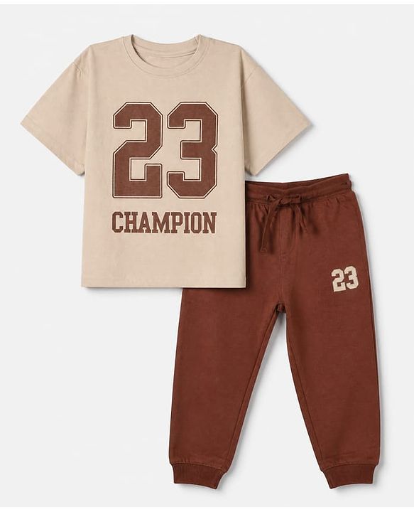 Pine Kids 100% Cotton Knit Half Sleeves T-Shirt and Joggers Set with Text Print - Brown