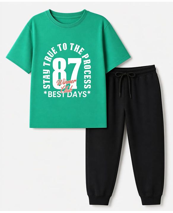 Pine Kids Cotton Knit Half Sleeves T-Shirt With Text Print & Joggers Set - Green & Black