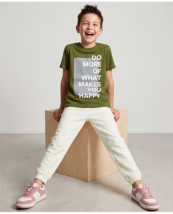 Pine Kids 100% Cotton Single Jersey Knit Half Sleeves T-Shirt and Jogger with Bio wash and Do More of What Makes You Happy Text Print - Green
