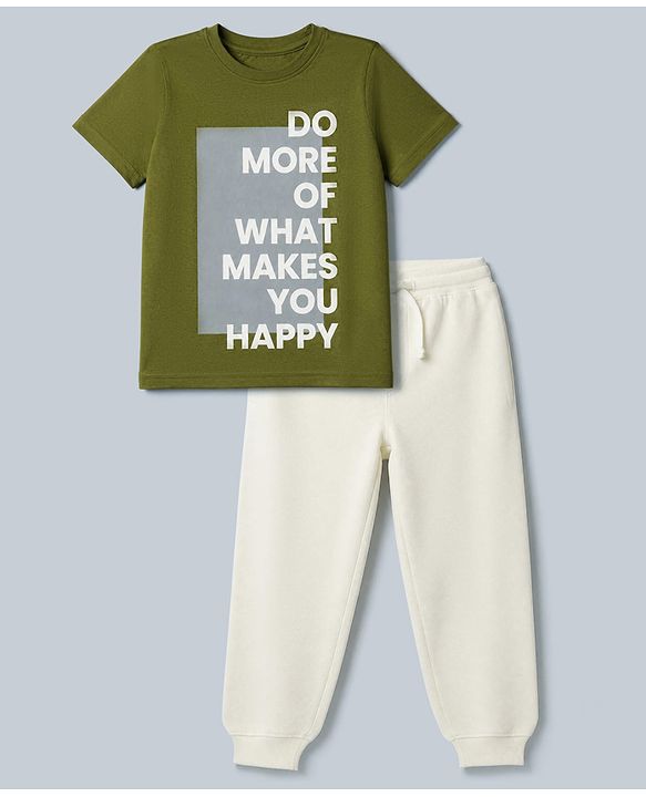 Pine Kids 100% Cotton Single Jersey Knit Half Sleeves T-Shirt and Jogger with Bio wash and Do More of What Makes You Happy Text Print - Green