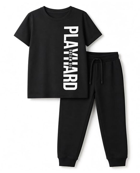 Pine Kids Cotton Knit Half Sleeves T-Shirt & Joggers Set With Text Print - Black