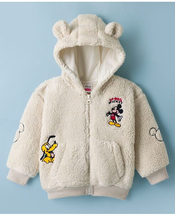 Babyhug Disney 100% Cotton Knit Fur Jacket with Full Sleeves and Mickey Mouse Embroidery in White