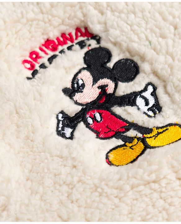 Babyhug Disney 100% Cotton Knit Fur Jacket with Full Sleeves and Mickey Mouse Embroidery in White