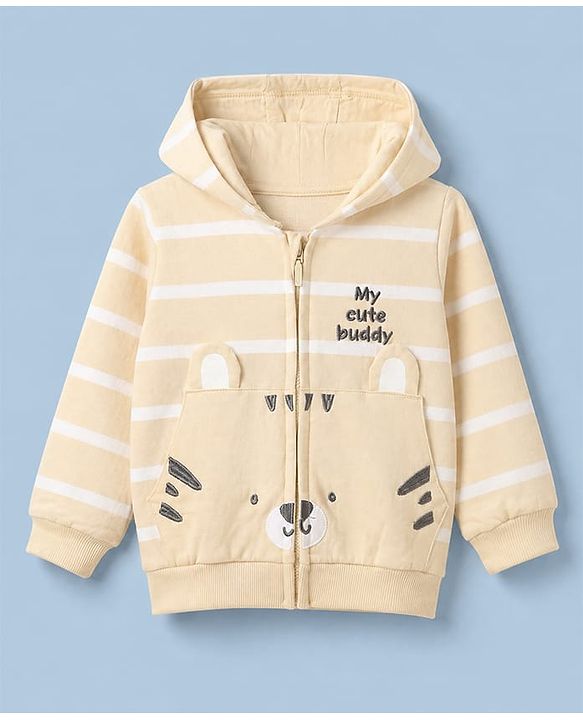 Babyhug 100% Cotton Knit Hooded Sweatshirt with Full Sleeves, Tiger Applique and Stripes Print in Beige