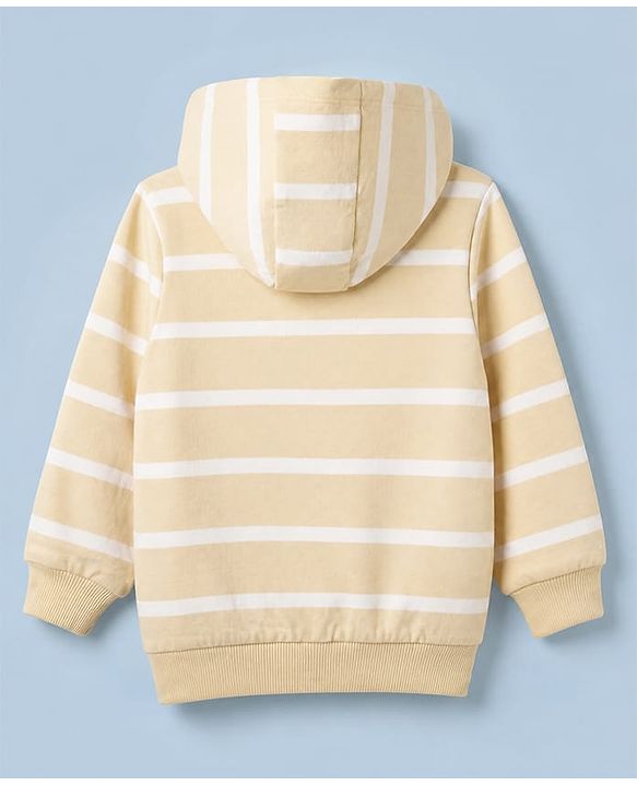 Babyhug 100% Cotton Knit Hooded Sweatshirt with Full Sleeves, Tiger Applique and Stripes Print in Beige
