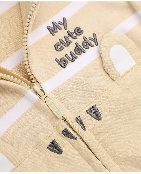 Babyhug 100% Cotton Knit Hooded Sweatshirt with Full Sleeves, Tiger Applique and Stripes Print in Beige