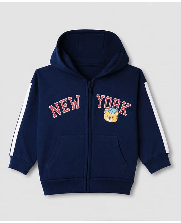 Babyhug 100% Cotton Knit Front Open Heavy Gauge Hooded Sweatshirt with Full Sleeves and New York Text & Tiger Print - Navy Blue