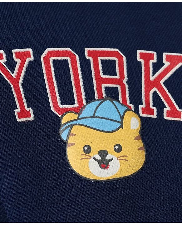 Babyhug 100% Cotton Knit Front Open Heavy Gauge Hooded Sweatshirt with Full Sleeves and New York Text & Tiger Print - Navy Blue