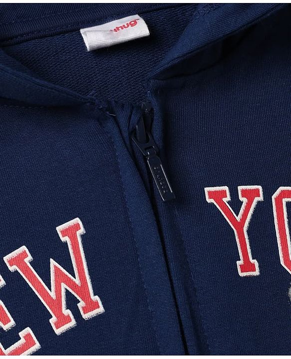 Babyhug 100% Cotton Knit Front Open Heavy Gauge Hooded Sweatshirt with Full Sleeves and New York Text & Tiger Print - Navy Blue