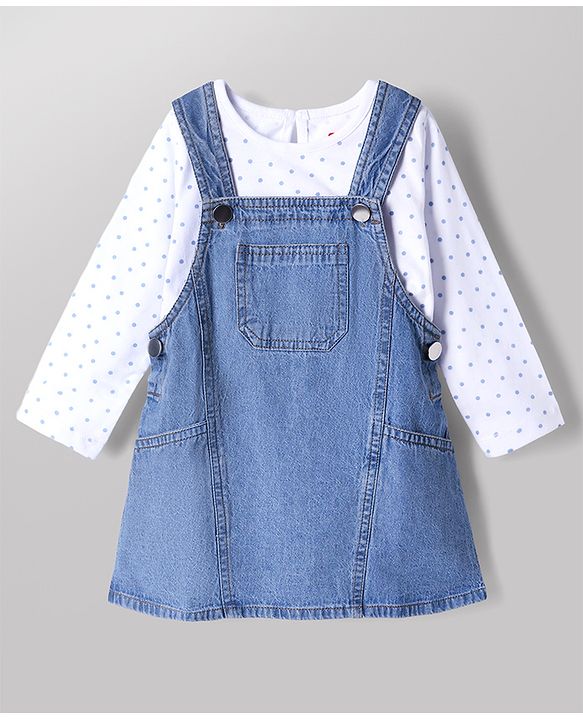 Babyhug Cotton Woven Full Sleeves Frock and Inner Tee with Polka Dots Print in Blue for 6-9 Months