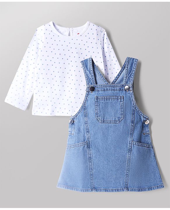 Babyhug Cotton Woven Full Sleeves Frock and Inner Tee with Polka Dots Print in Blue for 6-9 Months