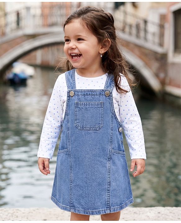 Babyhug Cotton Woven Full Sleeves Frock and Inner Tee with Polka Dots Print in Blue for 6-9 Months