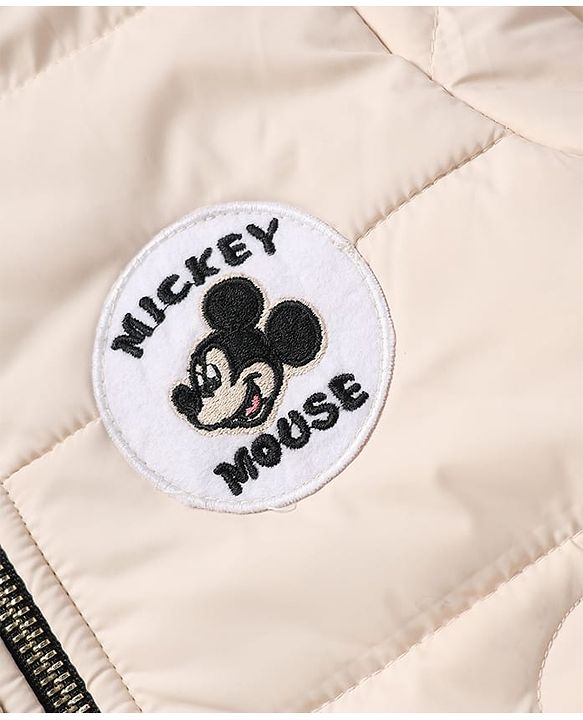 Babyhug Disney 100% Cotton Woven Hooded Padded/Quilted/ Winter Jacket With Full Sleeves And Mickey Mouse Mickey Mouse Patch In Offwhite