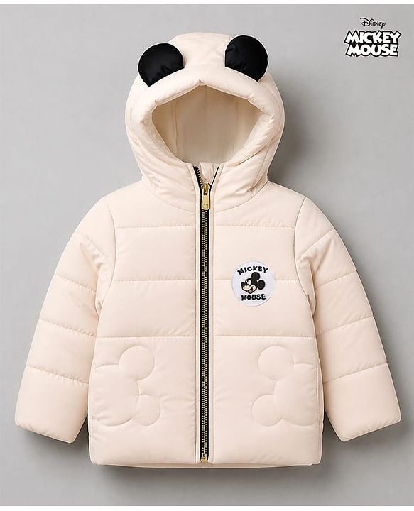 Babyhug Disney 100% Cotton Woven Hooded Padded/Quilted/ Winter Jacket With Full Sleeves And Mickey Mouse Mickey Mouse Patch In Offwhite