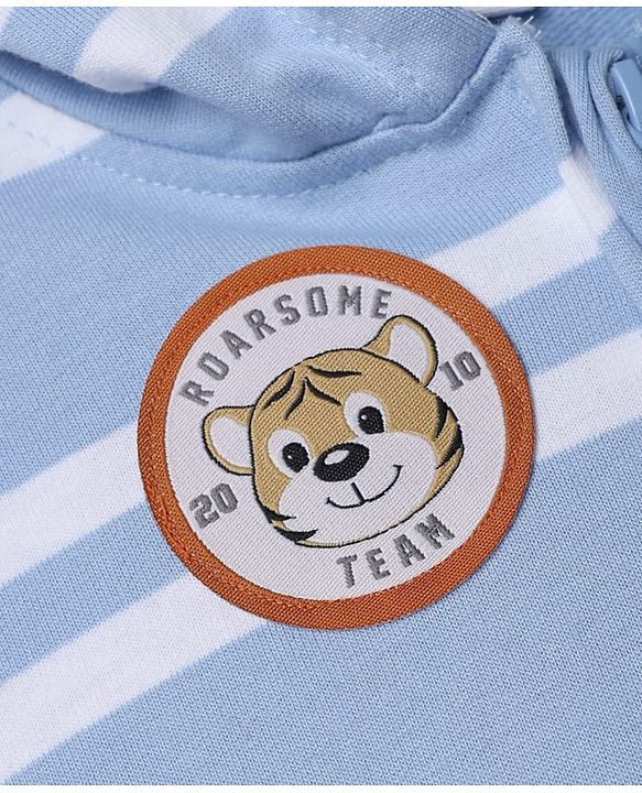 Babyhug 100% Cotton Knit Front Open Heavy Gauge Striped Hooded Sweatshirt with Full Sleeves and Tiger Patch - Light Blue