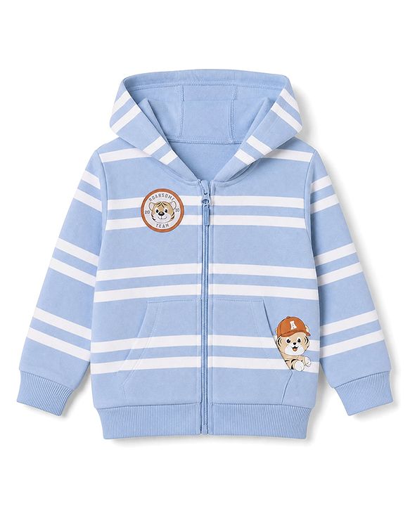 Babyhug 100% Cotton Knit Front Open Heavy Gauge Striped Hooded Sweatshirt with Full Sleeves and Tiger Patch - Light Blue