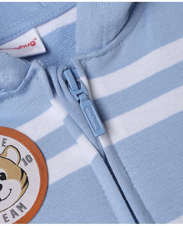 Babyhug 100% Cotton Knit Front Open Heavy Gauge Striped Hooded Sweatshirt with Full Sleeves and Tiger Patch - Light Blue