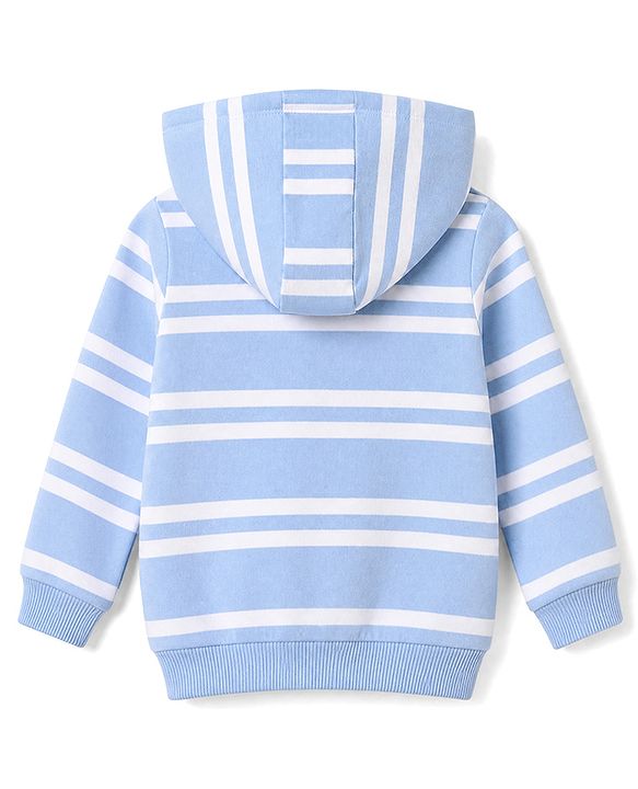 Babyhug 100% Cotton Knit Front Open Heavy Gauge Striped Hooded Sweatshirt with Full Sleeves and Tiger Patch - Light Blue